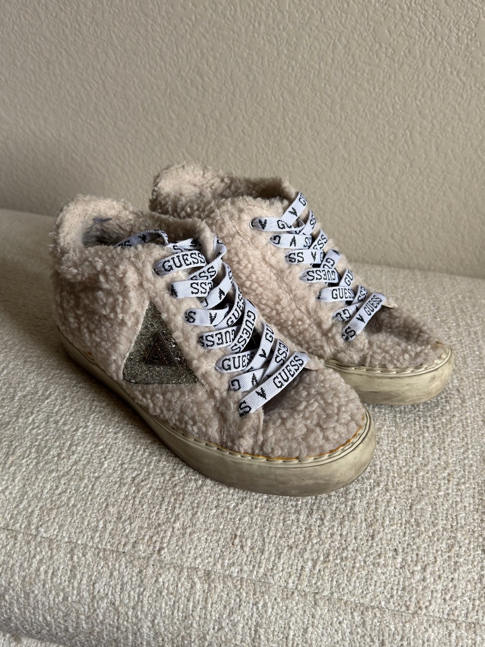 GUESS Fuzzy Sherpa Sneakers in Beige 6.5